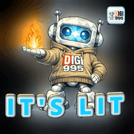 a robot wearing a digi 995 hoodie holds a fire