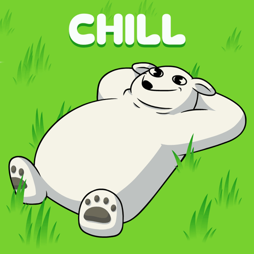 A white cartoon polar bear lies relaxed in bright green grass beneath “CHILL.”