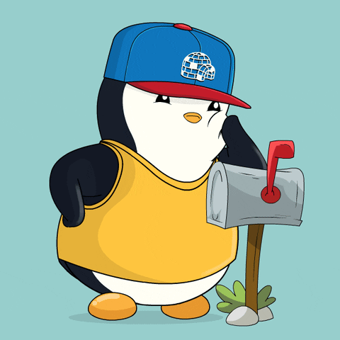 a cartoon penguin wearing a blue hat and a yellow shirt is holding a mailbox