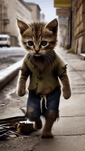 a cat wearing a green shirt and blue jeans is walking down the street