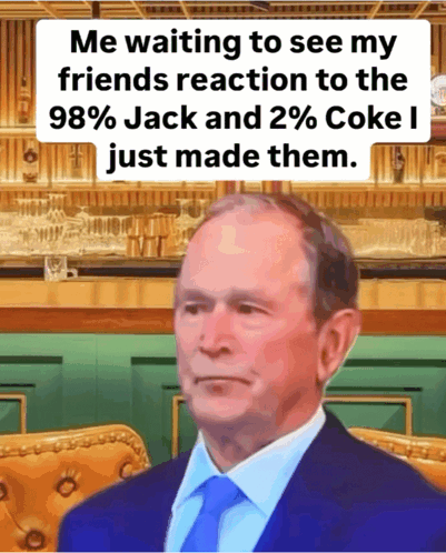 a man in a suit and tie is waiting to see his friends reaction to the 98% jack and 2% coke he just made them