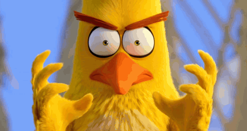 Chuck from Angry Birds raises his wings in an angry threat.