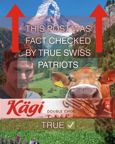 a poster that says this post was fact checked by true swiss patriots with a picture of a man and a cow