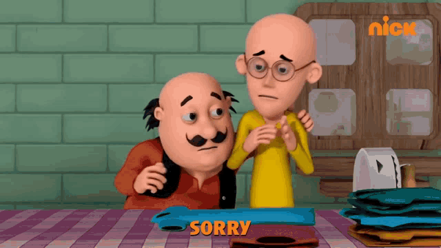 two cartoon characters are standing next to each other with the word sorry in orange letters