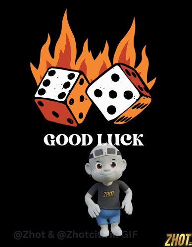 Flaming dice and a small mascot appear above “GOOD LUCK.”