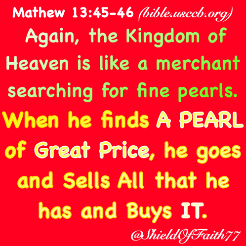 a red poster with the bible verse matthew 13 45 46