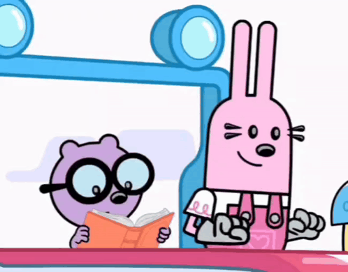 a cartoon character reading a book next to a pink bunny