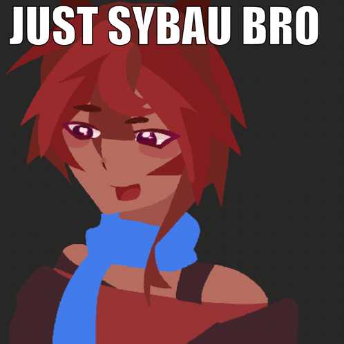 a girl with red hair and a blue scarf has the words just sybau bro written above her