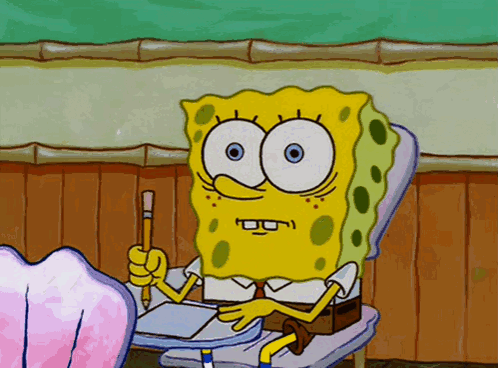 SpongeBob sits at a school desk holding a pencil and looking uneasy.