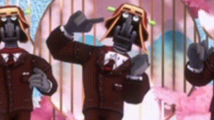a group of cartoon characters wearing suits and hats are dancing together .