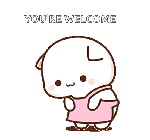 A small white cartoon puppy bows politely while wearing a pink outfit.