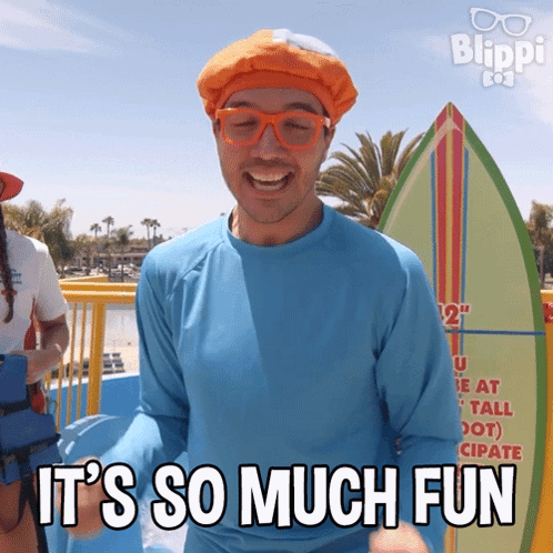 a man wearing a blue shirt and orange hat says it 's so much fun