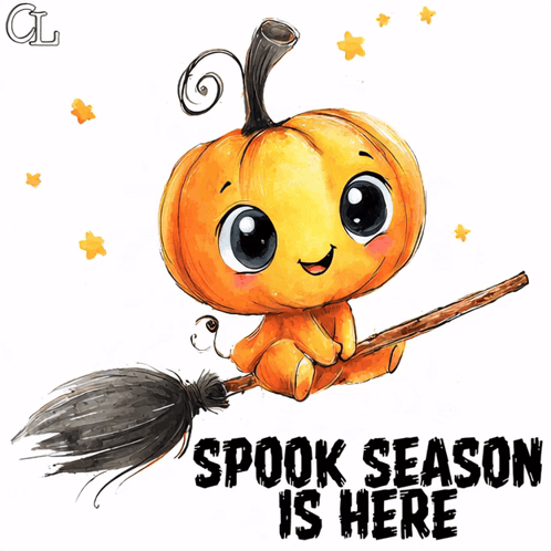 a pumpkin is flying on a broom with the words spook season is here