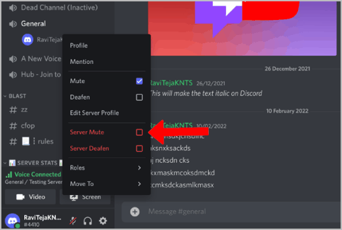 a screenshot of a discord server with a red arrow pointing to the server mute button