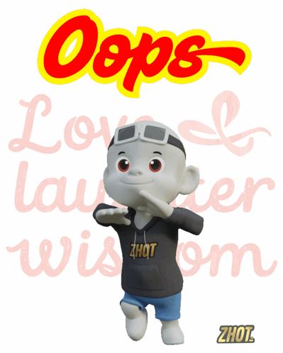 A gray cartoon character stands under yellow “Oops” text with pale love-letter text behind it.