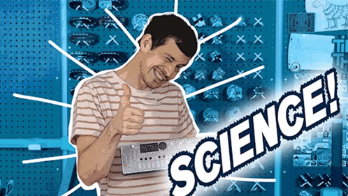 a man is giving a thumbs up in front of a science sign