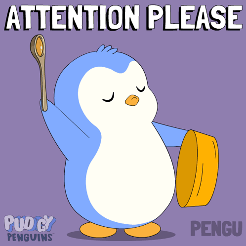 a penguin holding a spoon with the words attention please behind it