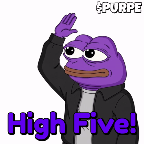 a purple frog in a black jacket with the words high five