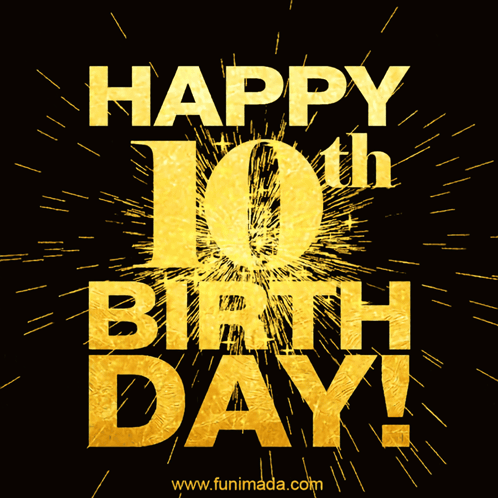 a happy 10th birthday greeting card with gold letters