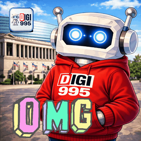 A robot in a red hoodie stands before a building with colorful “OMG” text.
