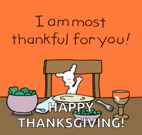 a cartoon of a dog sitting at a table with the words " i am most thankful for you "