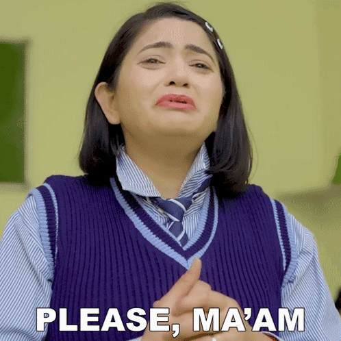 a woman in a striped shirt and tie is making a face and says please ma am