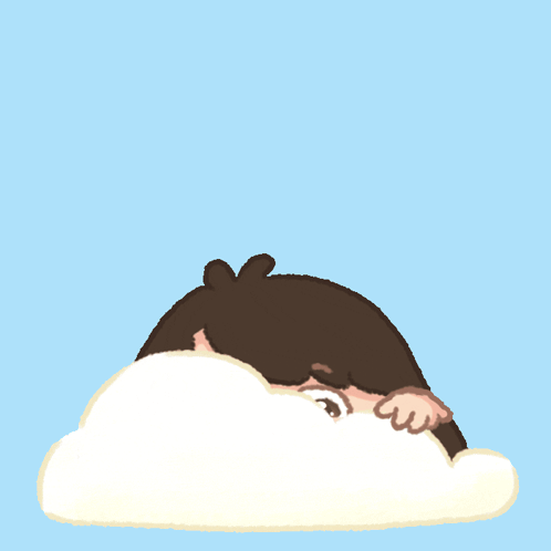 A shy cartoon person peeks over a cloud against a blue sky.