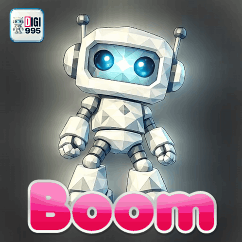 a white robot with blue eyes and the word boom on the bottom