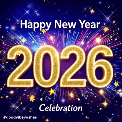 a happy new year celebration poster with fireworks and the year 2026
