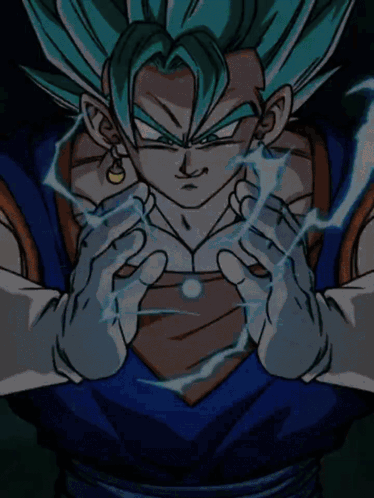 a drawing of a cartoon character with blue hair and white gloves