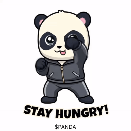 a cartoon panda bear with the words stay hungry written on it