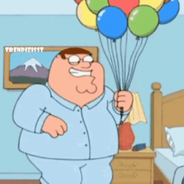 peter griffin from family guy is holding a bunch of balloons in his hand