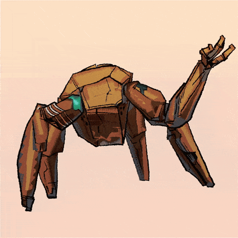 A stylized rocky alien-like creature raises an arm against a pale background.