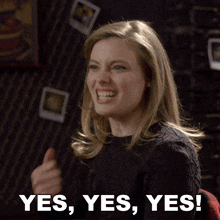 A woman grins broadly with “YES, YES, YES!” text.