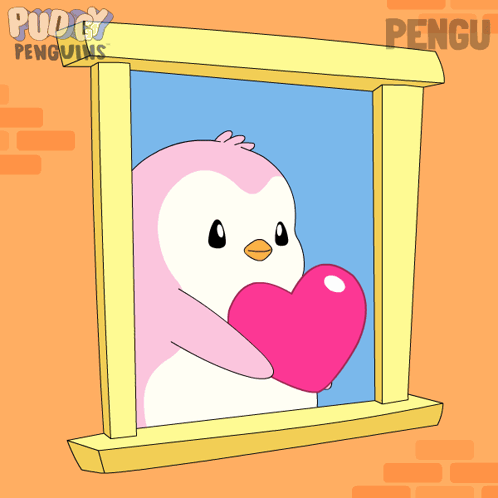A pink penguin holds a large heart while looking from a window.