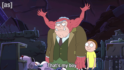 a cartoon character says that 's my boy in front of a monster