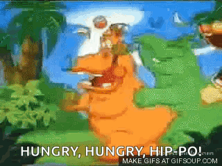 a cartoon character says hungry hungry hip-po !