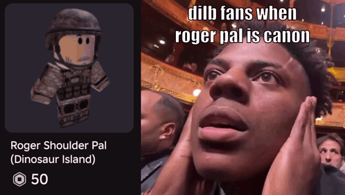 a man covering his ears with his hands in front of a picture of roger shoulder pal