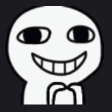 A white cartoon face clasps its hands beneath a mischievous grin.