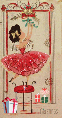 a christmas card with a ballerina holding mistletoe