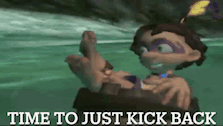 a picture of a cartoon character with the words time to just kick back above him