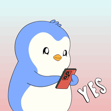 A cartoon penguin looks at a phone beside “YES.”