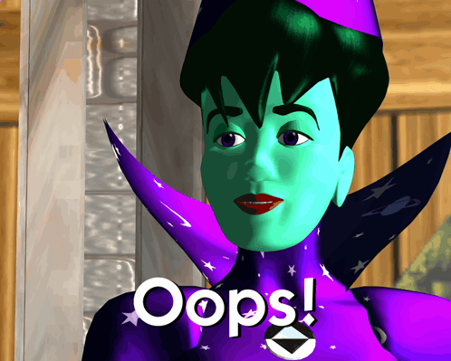 a green and purple cartoon character with the words oops written on the bottom