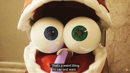 a cartoon character says that 's a weird thing to say and want while holding a toothbrush