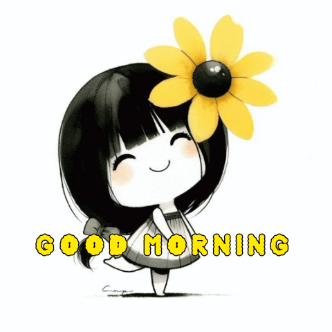 A smiling black-haired cartoon girl wears a large yellow flower and says “GOOD MORNING.”