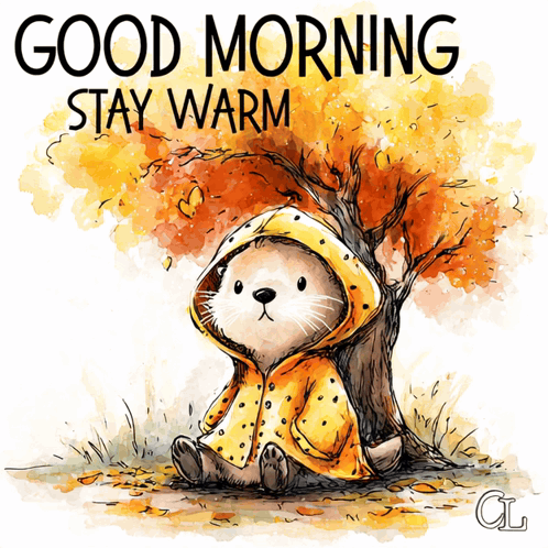 a drawing of a cat in a yellow raincoat with the words good morning stay warm