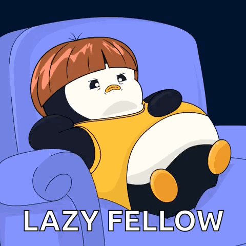 A tired penguin lounges in a blue armchair with “LAZY FELLOW.”