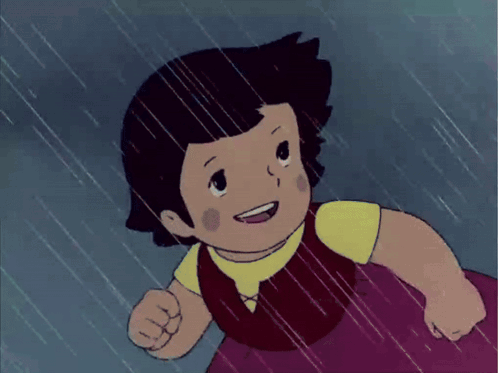 Heidi runs happily through rain in an animated scene.