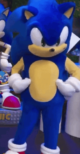 a blue and yellow sonic the hedgehog mascot standing in front of a box that says sonic