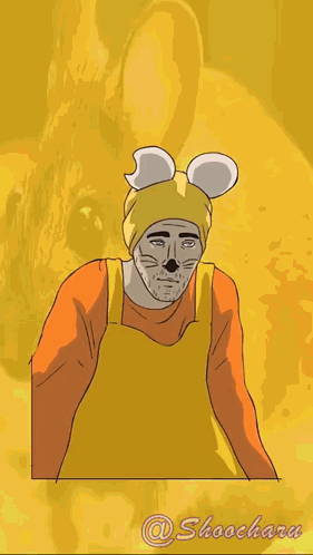 a drawing of a man wearing a yellow apron and a mouse hat